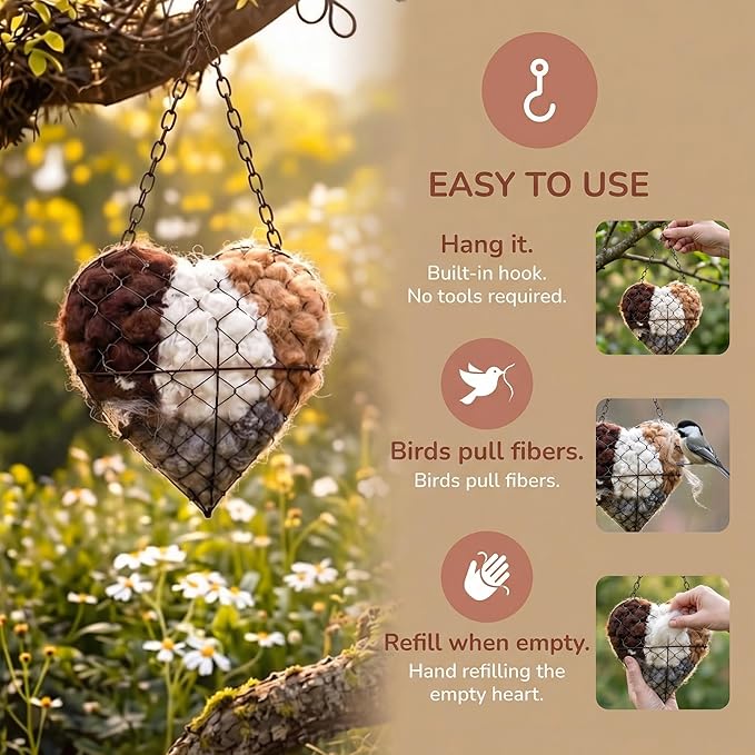 Handmade Alpaca Fiber Bird Nesting Heart – Refillable Bird Haven with 4 Nesting Material Refill Bags – Eco-Friendly Hanging Nest for Hummingbirds & Wild Birds, Garden & Yard Décor (2Sets)