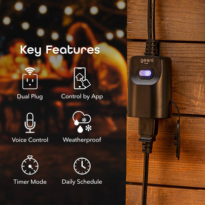Geeni Outdoor Duo Wi-Fi Smart Plug, Weatherproof Dual Socket, Wireless Remote Control, Works with Alexa & Google Home, 2 Outlets