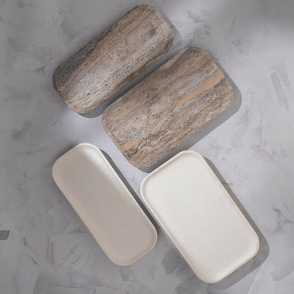 Travertine Marble Footed Tray in White Marble or Silver Travertine – Available in Two Sizes. (White, Large)
