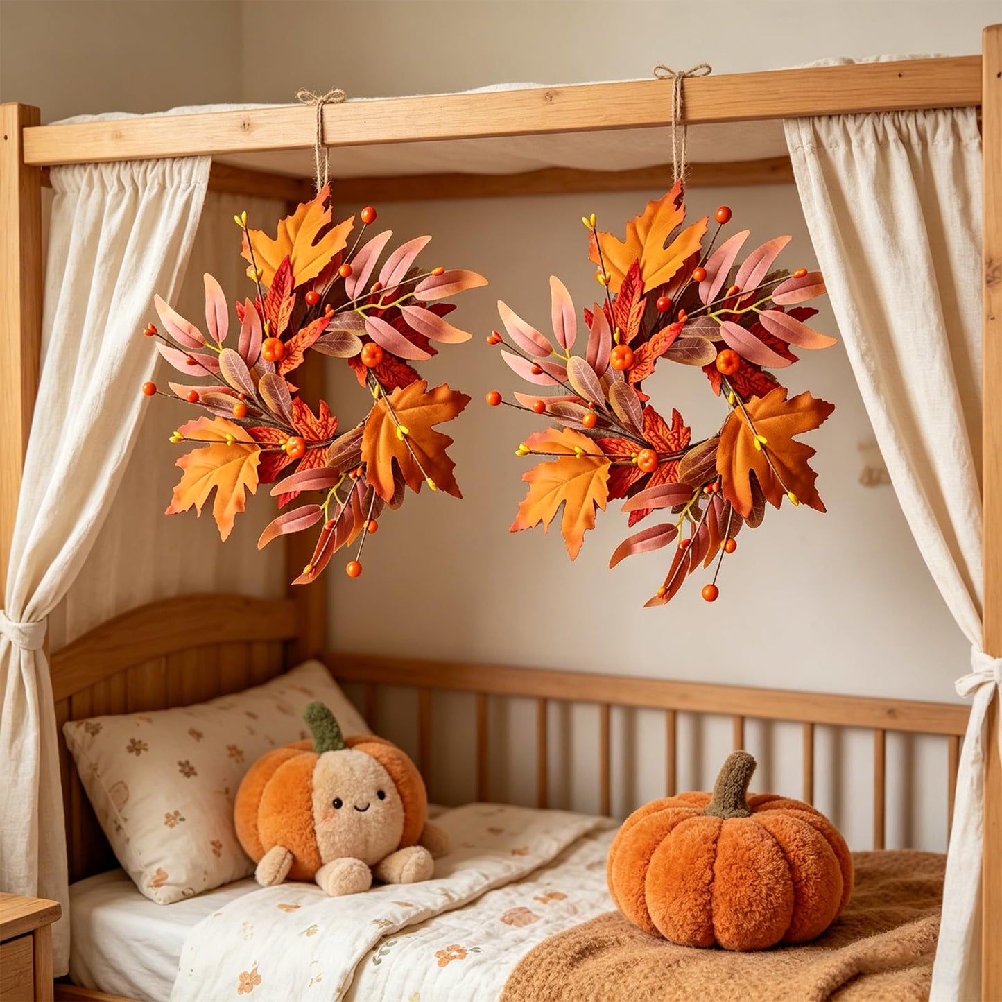 4 Pcs Mini Fall Wreaths Thanksgiving Table Centerpieces Fall Candle Rings 9 Inch Maple Leaf Wreaths for Cabinets Farmhouse Autumn Wreath for Front Door Porch Wall Window Decorations