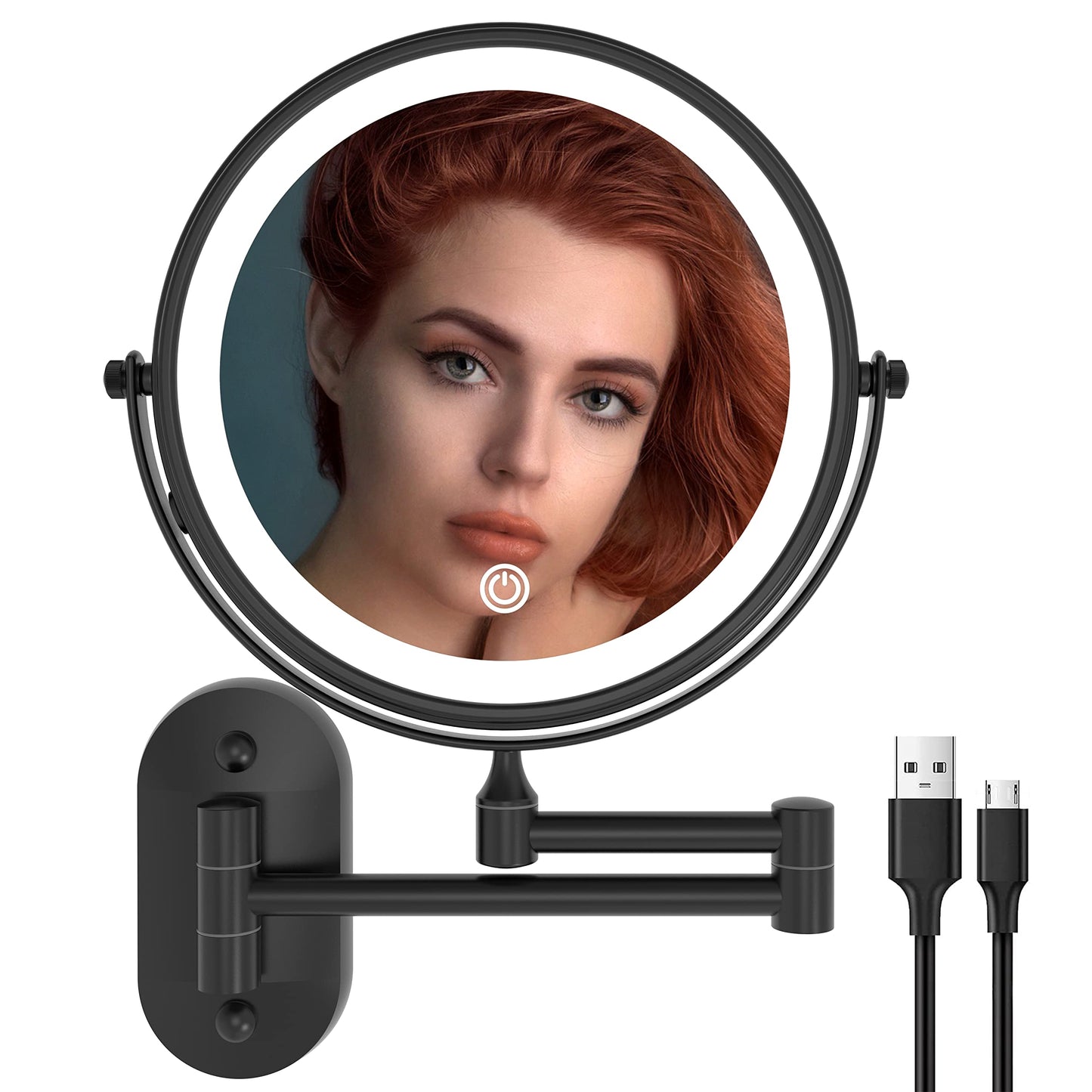Ruacq Rechargeable Wall Mounted Makeup Mirror with Lights, Double Sided 1X/10X Magnifying Vanity Mirror with 3 Color Lighting, Touch Screen Dimmable, 360° Rotation Extension Foldable Arm(Matte Black)