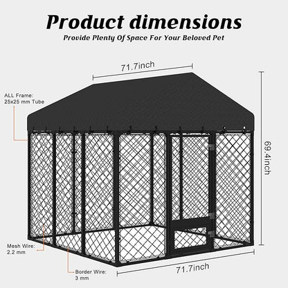 6x6FT Dog Kennel Outdoor with Roof - Heavy Duty Metal Fence Playpen for Large Dogs, Weatherproof Enclosure with Double Lock Gate & Feeding Swivel Door