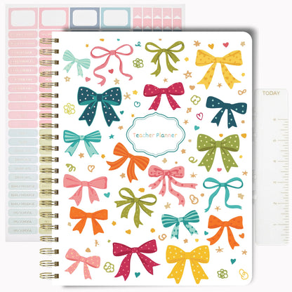 Undated Teacher Planner 8.5 x 11-12 Months & 52 Weeks | Colorful Ribbons Cover | Monthly & Weekly Lesson Plan Book with Stickers, Storage Pocket & Snap-In Bookmark | Classroom Organizer