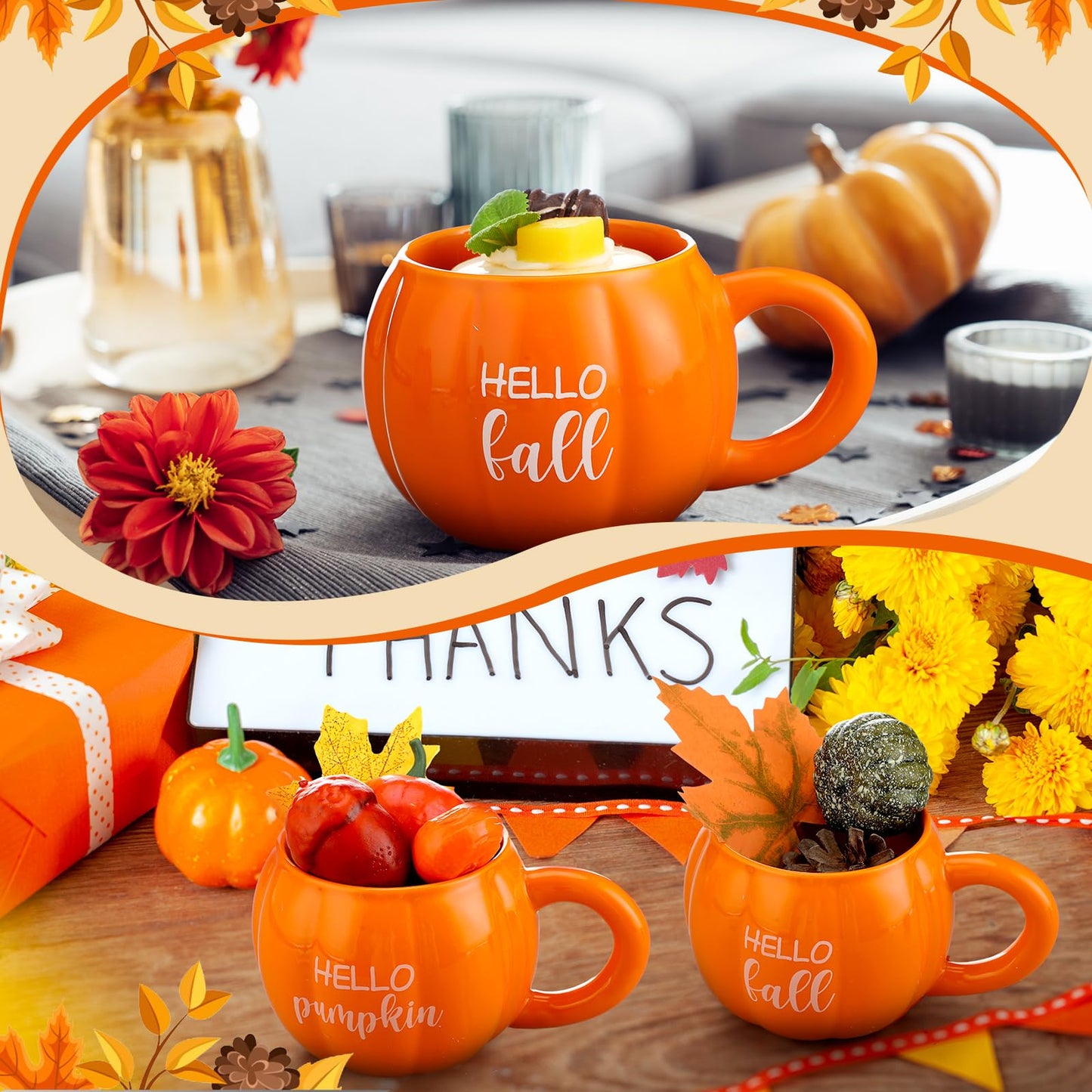 GlikCeil 2 Pcs Fall Pumpkin Mugs, Hello Fall Hello Pumpkin Coffee Cups for Tiered Tray 17 oz Thanksgiving Table Centerpieces Ceramic Mugs Drinking Cup for Autumn Harvest Wedding Birthday Gift