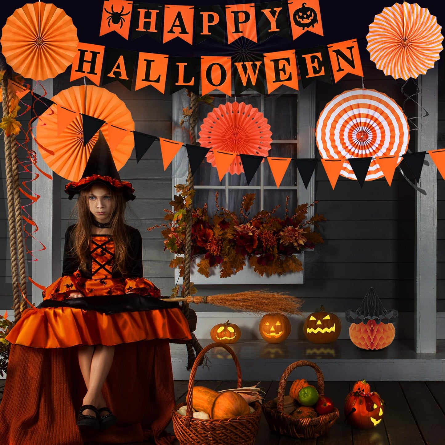 AhfuLife Halloween Party Decorations - Supplies Set with Reusable Decorations, Indoor Happy Halloween Sign Banner, Pennant Banner, Paper Tissue Fan