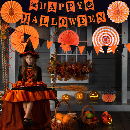 AhfuLife Halloween Party Decorations - Supplies Set with Reusable Decorations, Indoor Happy Halloween Sign Banner, Pennant Banner, Paper Tissue Fan