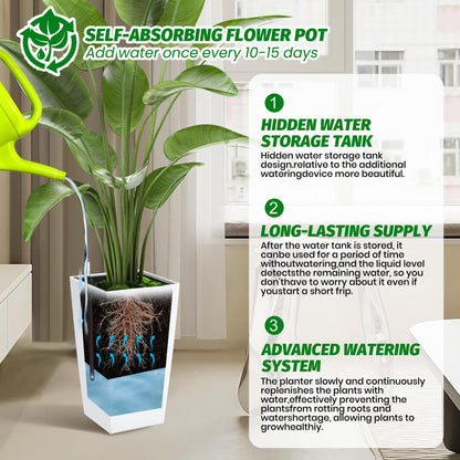 PeakPursuit 16" Tall Planters Set of 2, Outdoor＆Indoor Black Planter Pots, High Front Porch Planter Pots with Drainage Holes＆Water Level Monitor＆Inner Bucket, Automatic Watering, White
