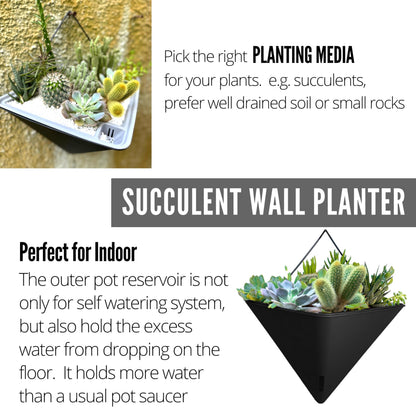 LaLaGreen Bundle- 4 Pack, 12 Inch Black Geometric Self Watering Pot + 2 Pack, 10 Inch Hanging Basket with Coco Liner Flat Metal Iron Balcony Porch Plant Holder Stylish Wall Mounted Flower Vase Vessel