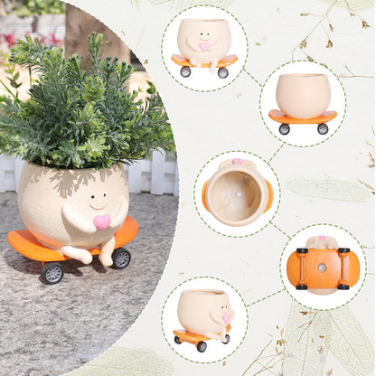 Funny Smily Face Planter Pot with Drainage Hole for Indoor and Outdoor Unique Resin Rolling Skate-Shaped Succulent Flower Pots Novelty Gift for Valentine's Day, Home Decors