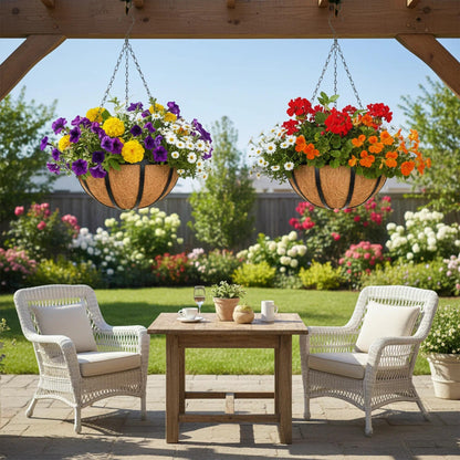2 Pack 12 inch Metal Hanging Planters Basket Set Round Wire Plant Holder with Coco Fiber Liners Chain Indoor Outdoor Hanging Baskets for Garden Balcony Patio Deck Porch Vegetables Flower Plants