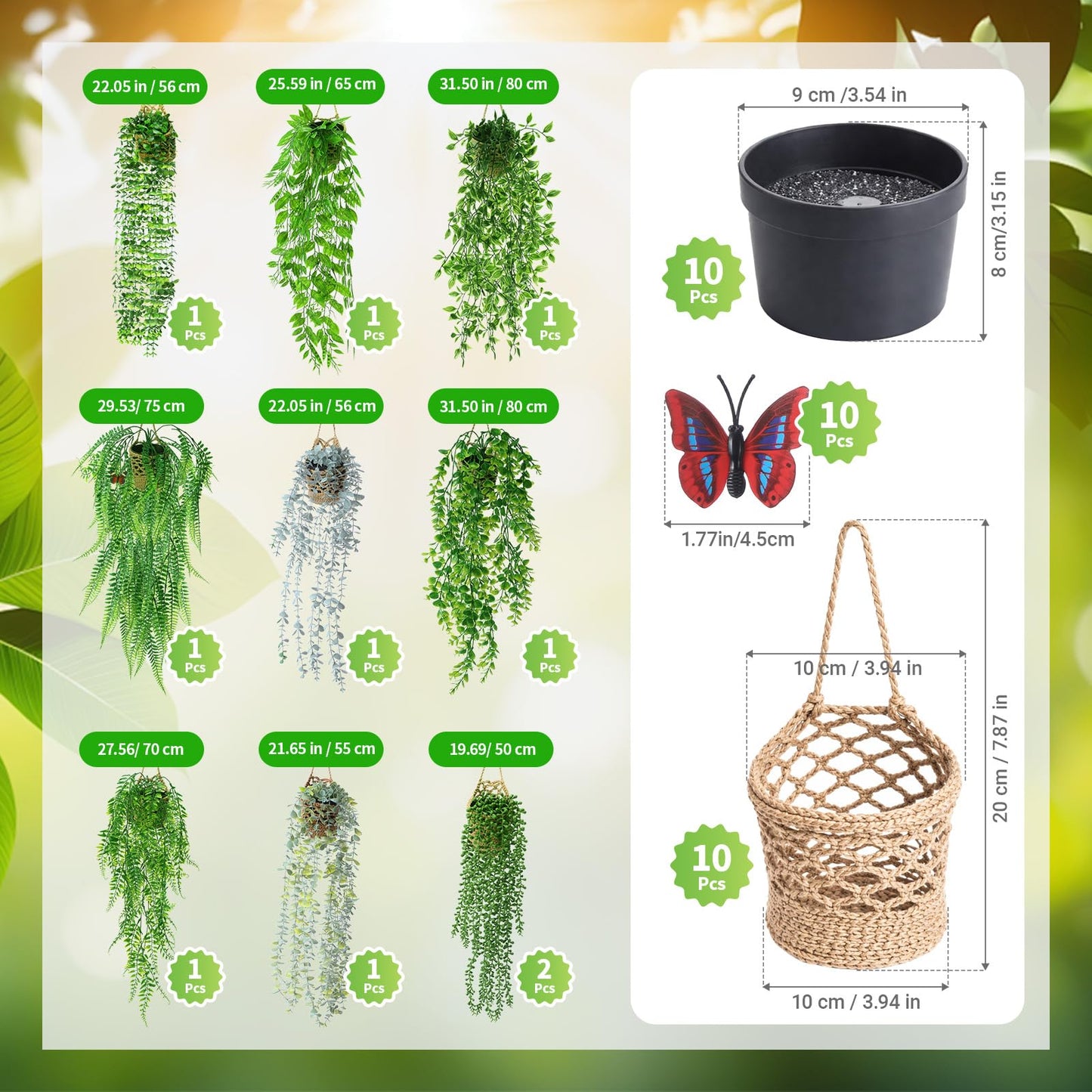 Giegxin 10 Set Fake Hanging Plant with Macrame Basket Summer Mini Artificial Macrame Plant Hanger with Woven Basket and Butterfly Ivy Faux Vines Eucalyptus Leaf for Indoor Home Wall Shelf Decor