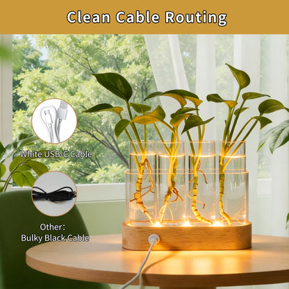 Plant Propagation Station with LED Lights, 4 Glass Test Tubes, Oak Stand, 3 Lighting Modes 9-Level Dimming, Rear USB-C Hidden, for Window Sill Desk Shelf, Gift for Plant Lovers