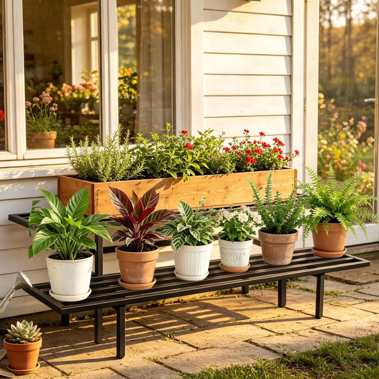 LLAXERGU Heavy Duty Plant Stand Outdoor Indoor, Large Metal Plant Stand 48" L x 10" W x 12" H Outdoor Plant Stands 2-Tier Flower Pot Stand 500 LBS Capacity for Patio Garden