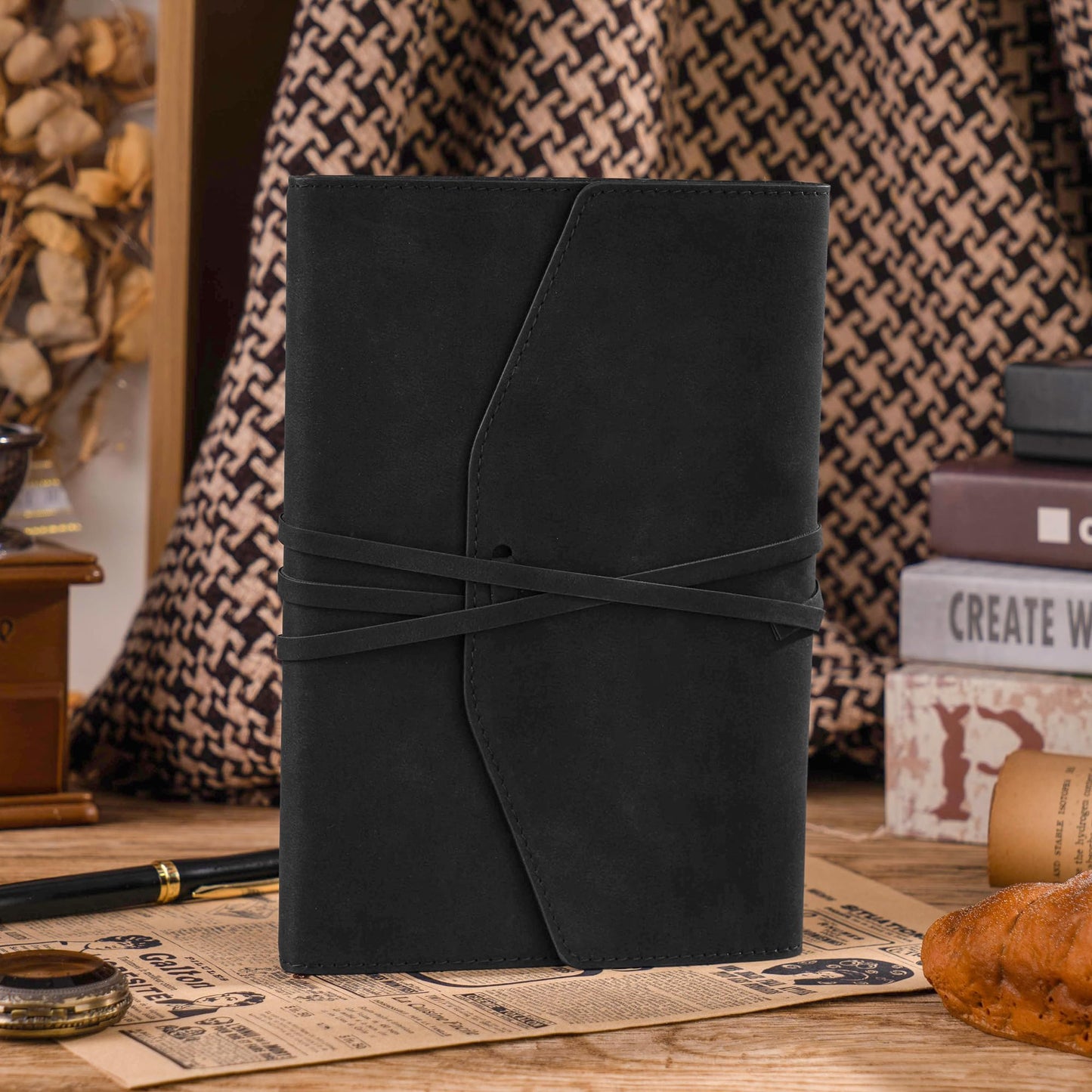 MINICAGIE Vintage Journal for Women Men Leather Bound Junk Journal Notebook 160 Pages Scrapbook Book of Shadows Journals for Writing Diary Travel Journaling Sketching, 5.9x 8.6 in, Soft Cover, Black
