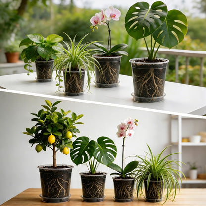 BTPLASTIK 1/2/3/5 Gallon Clear Nursery Pots with Saucers 4 Size Set 12P, Round Plastic Plant Pots with Drainage Holes