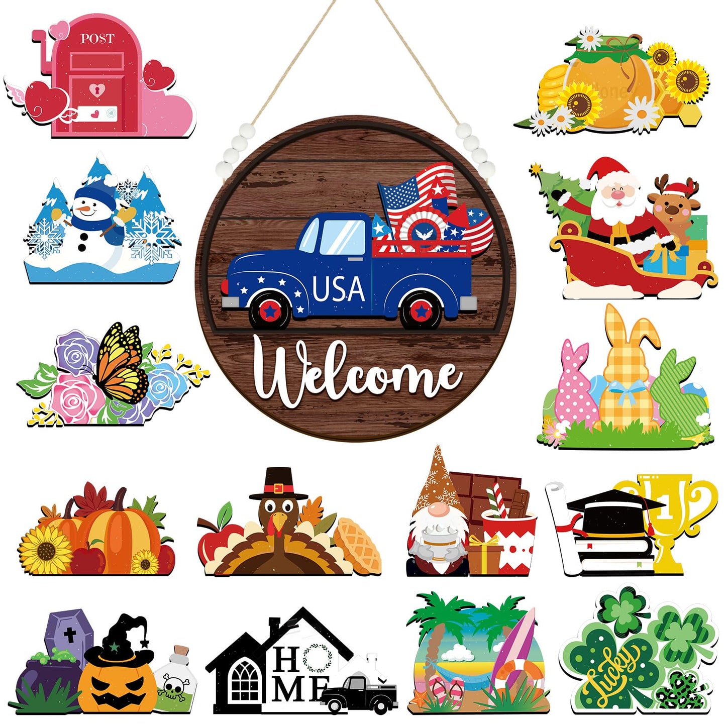 Sintuff 16 Pcs 12 Inch Magnetic Welcome Door Sign Interchangeable Front Door Wreath Decor Rustic Seasonal Hanging Sign Patriotic Summer Decor for Home Warming Gift(White Word, Brown Back)