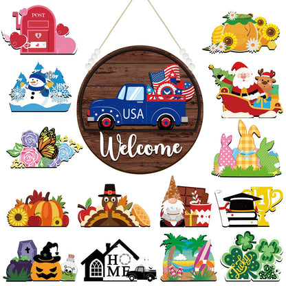 Sintuff 16 Pcs 12 Inch Magnetic Welcome Door Sign Interchangeable Front Door Wreath Decor Rustic Seasonal Hanging Sign Patriotic Summer Decor for Home Warming Gift(White Word, Brown Back)