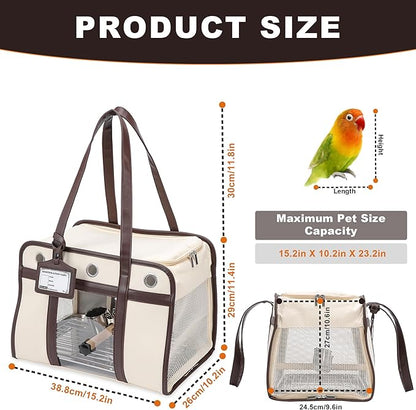Sanmoncare Stylish Bird Carrier with PU Leather Handle, Portable Travel Cage for Cockatiels & Conures, Lightweight Parrot Bag with Stainless Steel Tray, Vet Visit, White