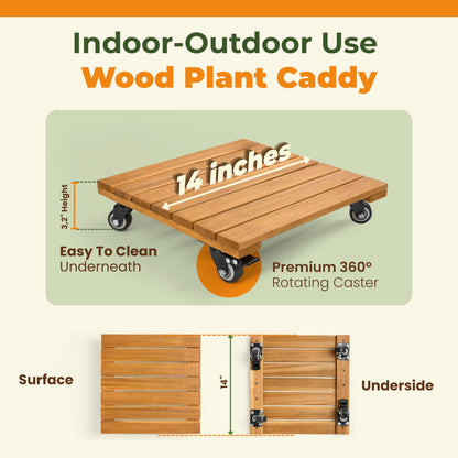 Jurax 14 Inch Wood Plant Caddy with Wheels – Heavy Duty Plant Dolly Holds Up to 286 lbs, 360° Lockable Casters, Rolling Plant Stand Indoor Outdoor for Large Pots – 2 Packs, Square-Golden Teak