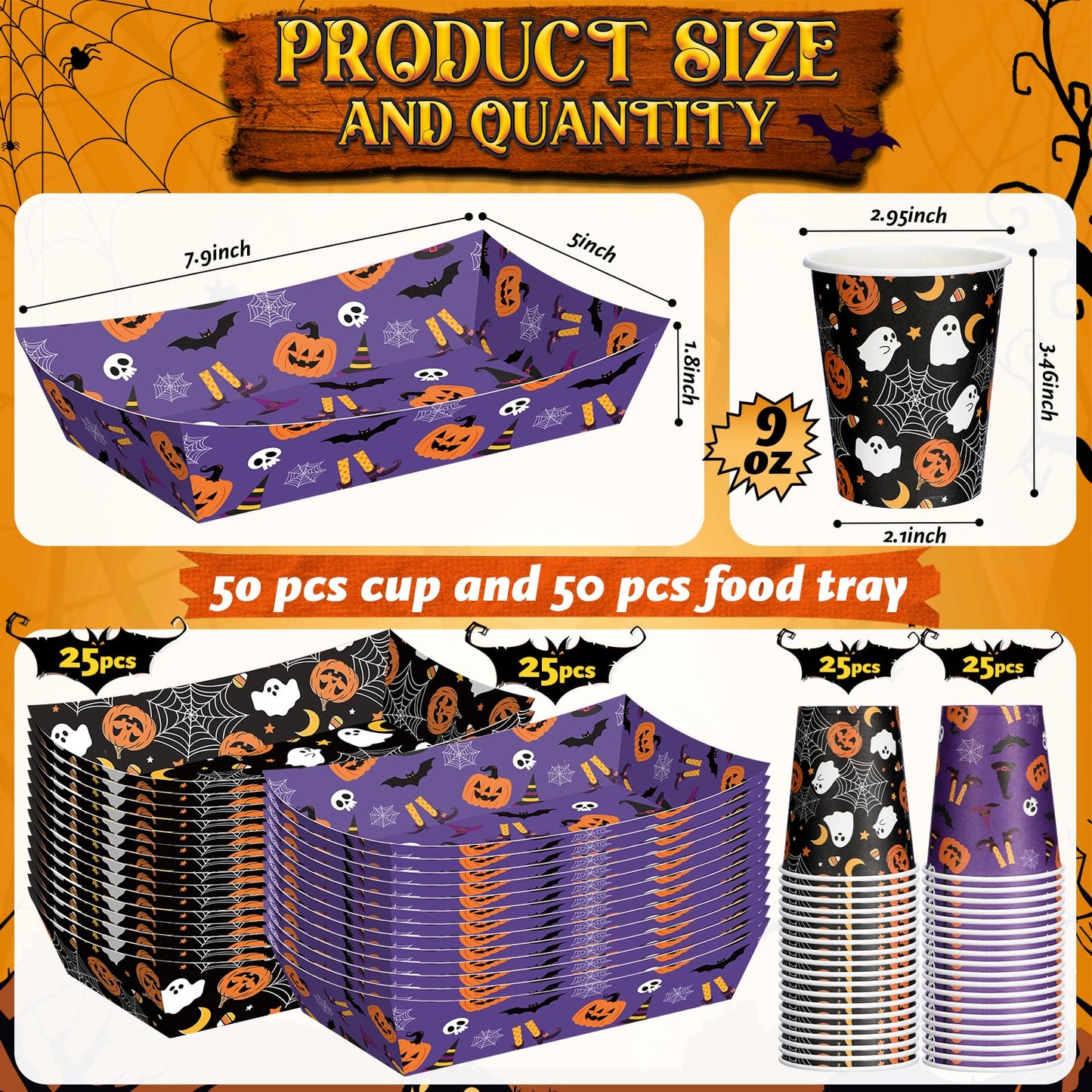 Acellegic 100 Pcs Halloween Paper Disposable Tableware Paper Food Trays Serving Boats Snack Food Container 9 oz Pumpkin Ghost Bats Disposable Cups Black Purple Halloween Party Supplies Kit