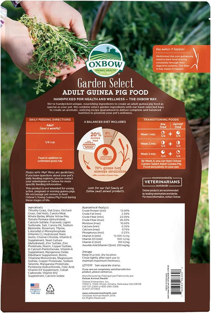 Oxbow Garden Select Guinea Pig Food, Adult, Made with Oxbow Timothy Hay for Guinea Pig, Pet Food Pellets with Vitamin C, Non-GMO, Small Animal Pet Products, Made in USA, High Fiber, 8 lb. Bag