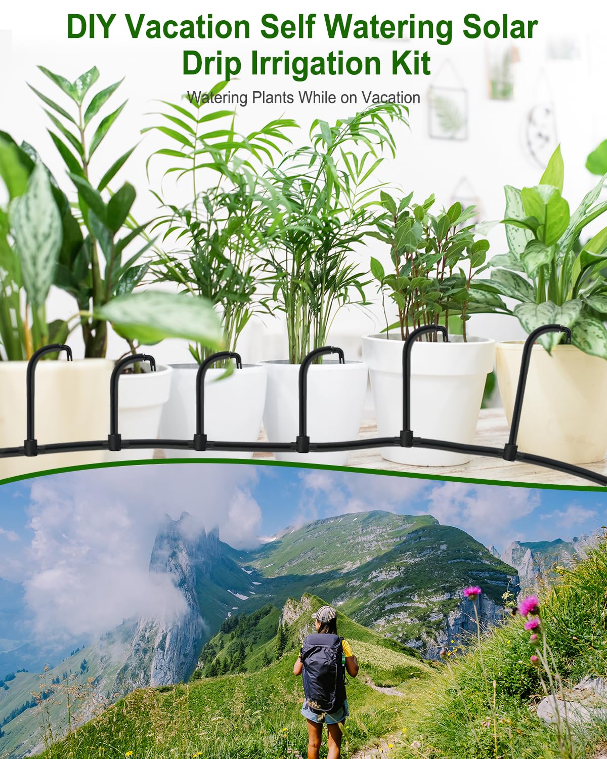 Solar Automatic Drip Irrigation System, 15 Pot Self Watering System with 2200mAh, IPX5 Waterproof, USB-C & Solar Charging, Timer Modes for Indoor/Outdoor Garden, Balcony & Patio