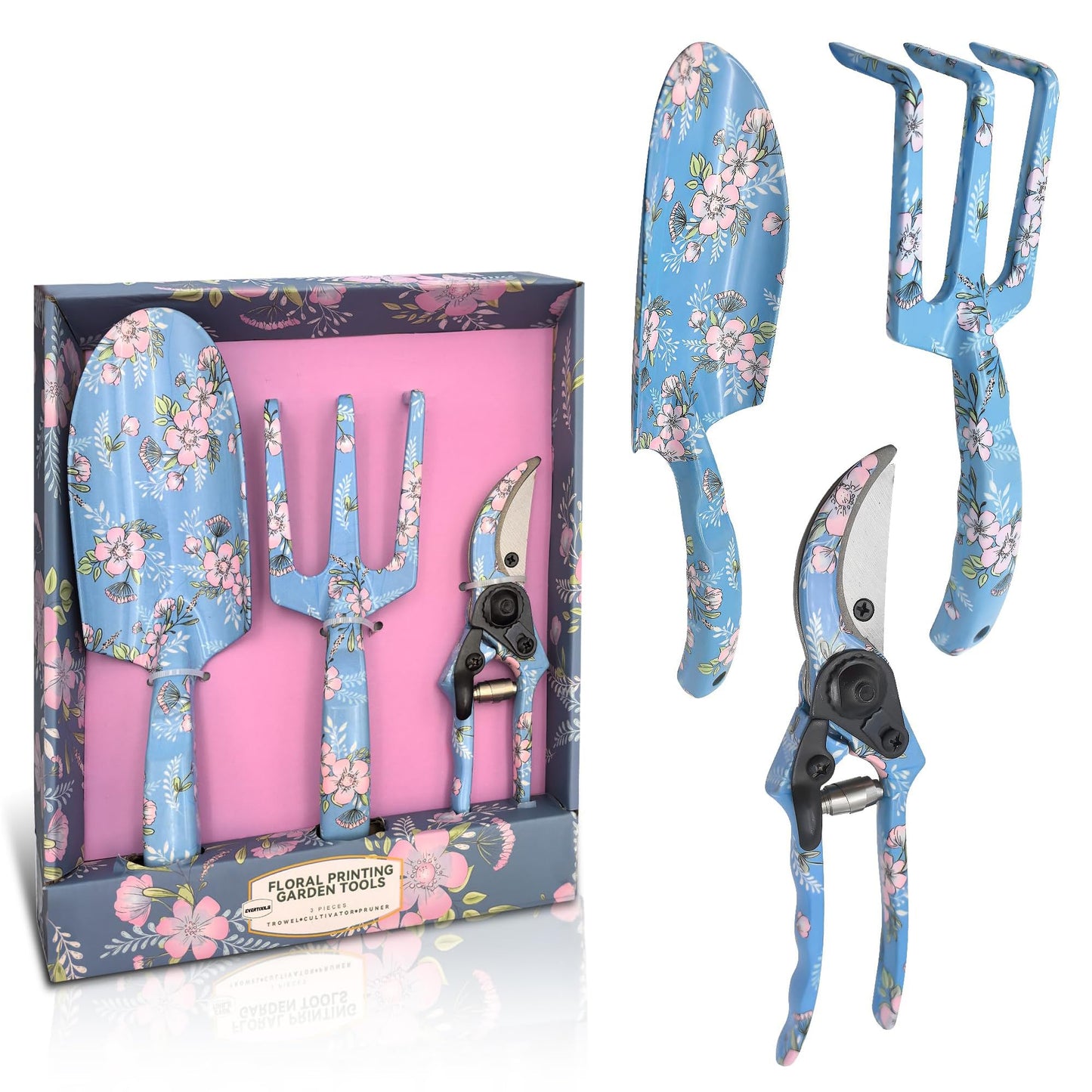 Evertools Garden Tool Set, 3 Piece Floral Gardening Tools for Women, Aluminum Gardening Hand Tools with Trowel, Hand Rake & Pruning Shears, Ergonomic Garden Tools for Indoor Outdoor Gardening