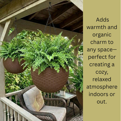 LaLaGreen Bundle- 4 Pack, 11 Inch Brown + 2 Pack, 11 Inch White Self Watering Hanging Plant Pots Round Plastic Flower Baskets with Metal Chain Rattan Style Deck Balcony Decor Porch Patio Indoor Garden