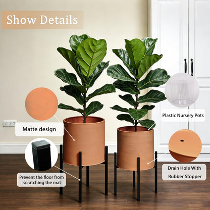 ARNIS Modern Plant Pots, Set of 2 Large Planters with Stand, Decorative Planters, Metal Pots with Drainage Holes for Living Room, Office, Garden or Balcony, 8.25 &10.5 Inch, Terracotta