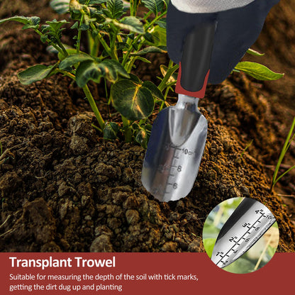 Garden Tool Set, 3 Piece Gardening Tools Includes Garden Trowel, Transplant Trowel and Hand Rake with Non-Slip Ergonomic Handle, Heavy Duty Garden Kit for Planting, Garden Gifts Red
