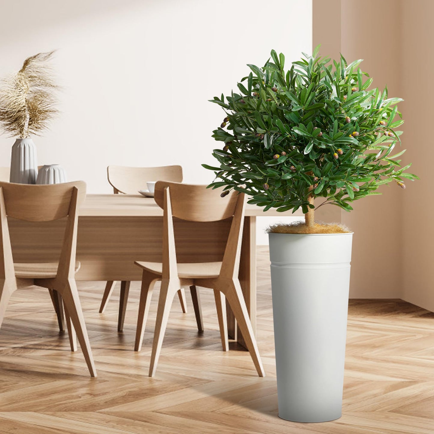 KOL 28" White Metal Planter Set, Galvanized Steel Plant Pots for Indoor Outdoor Decor with Artificial Olive Tree & Fiddle Leaf Fig, Faux Plants with Natural Coconut Fiber (Total Height 4.2FT)