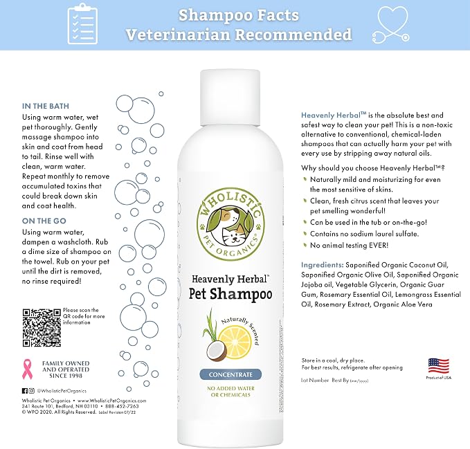 Wholistic Pet Organics Pet Shampoo Concentrate: USDA Organic Cat and Dog Shampoo for Sensitive Skin and Coat Support - Mild and Non-Irritating, Natural, Non-Toxic, Sulfate-Free, & Cruelty-Free - 2 Oz