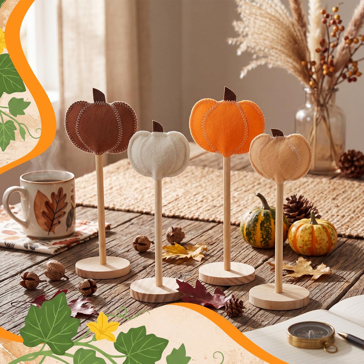 SiliFine 4 Pcs Fall Decorations for Home, Felt Pumpkin Standing Tabletop Decor, Handcrafted Rustic Fall Felt Pumpkin Tabletop Decoration for Thanksgiving Autumn Farmhouse Home Decoration