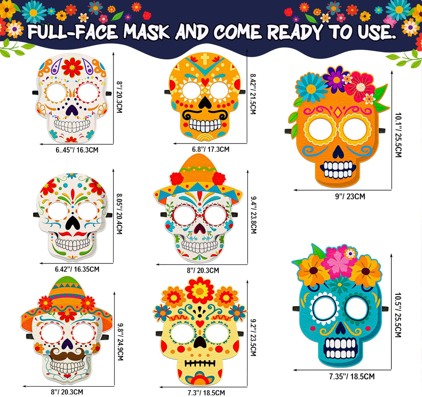 80UncleKimby 8PCS Dia De Los Muertos Masks - Halloween Felt Sugar Skull Crafts, Day of The Dead Costume Accessories Decorations Classroom Activities Party Favors
