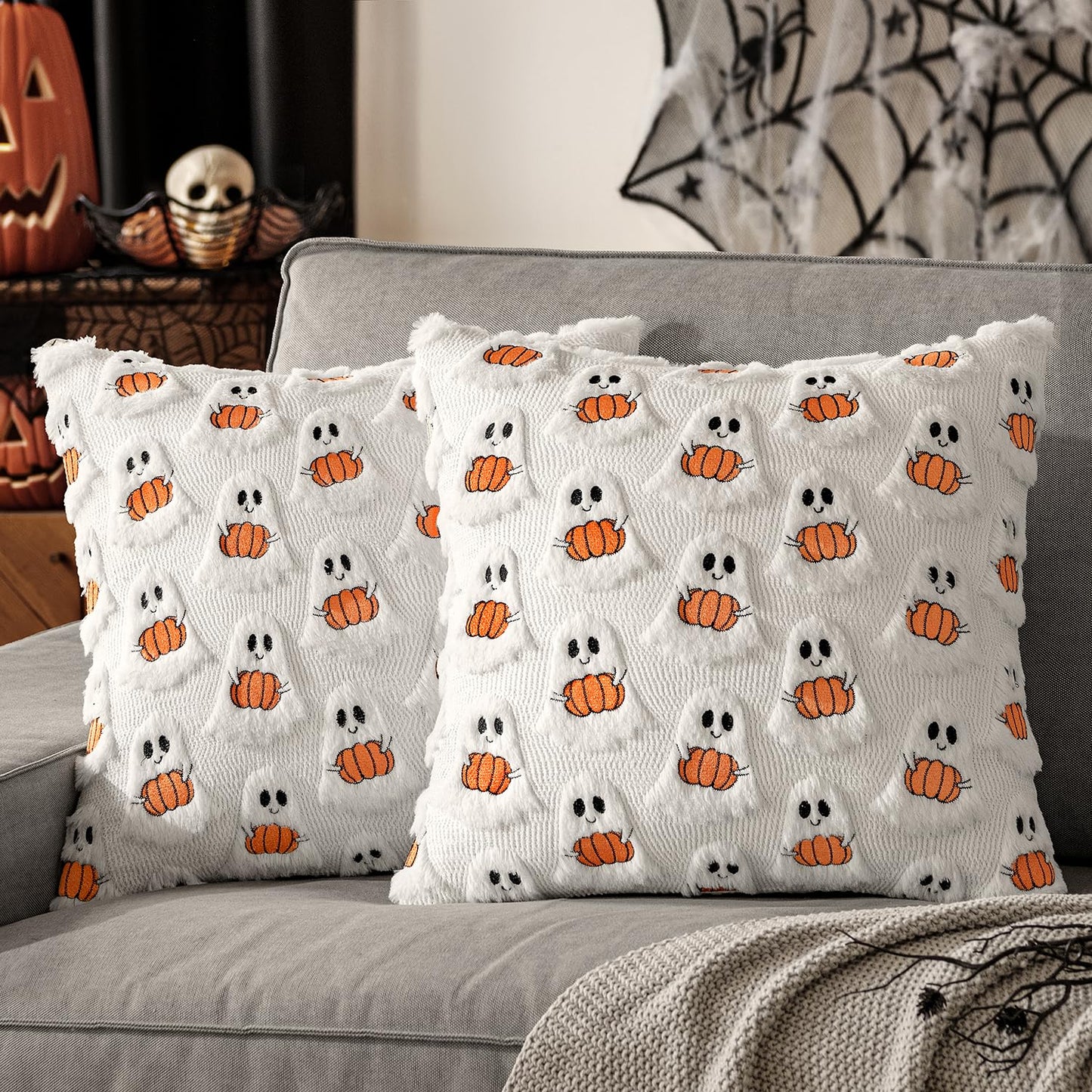 MIULEE Halloween Pillow Covers Decorative Fall Cute Ghost Plush Faux Fur Pillows 18x18 Inch Set of 2 Soft Pumpkin Accents for Sofa Couch Bed Living Room Festive Home Decor, White Bright Orange