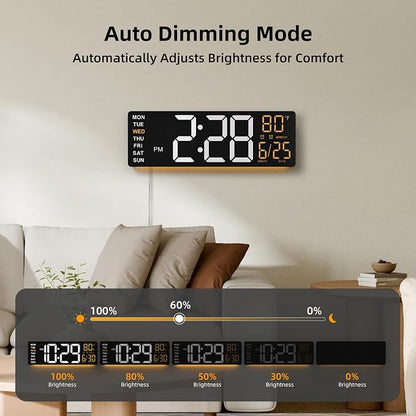 EASYERA 16.5" Large Digital Wall Clock with Anti-Glare Display, RGB Lights with 10 Scenes Mode Remote Control, Adjustable Brightness, Dual Alarms, Auto DST, BT Sync, Temperature for Living Room