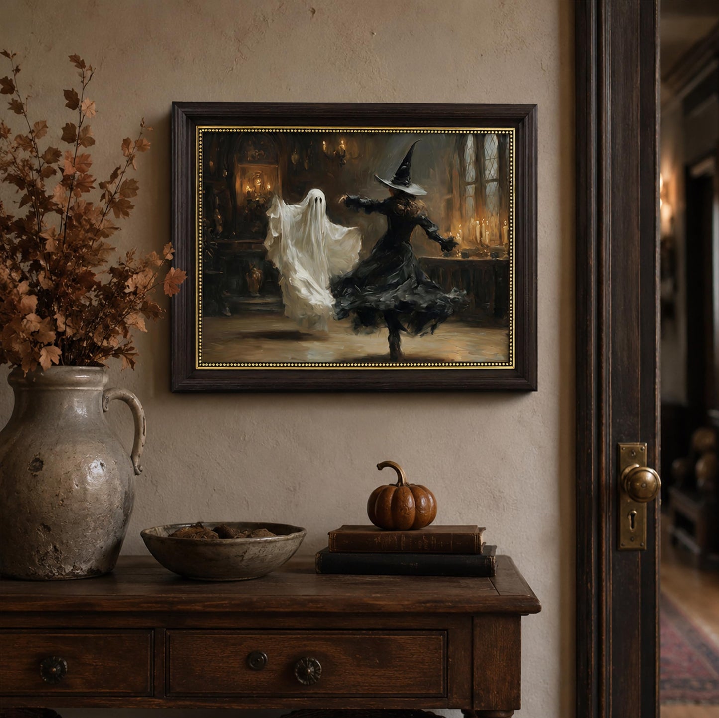 Vbaourut Framed Halloween Wall Art, Dancing Witch and Ghost Canvas Painting, Vintage Gothic Poster with Dark Brown Frame and Upgraded Hook and Loop for Bedroom, 9x11 in
