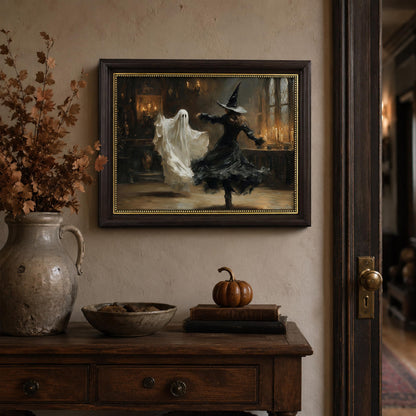 Vbaourut Framed Halloween Wall Art, Dancing Witch and Ghost Canvas Painting, Vintage Gothic Poster with Dark Brown Frame and Upgraded Hook and Loop for Bedroom, 9x11 in