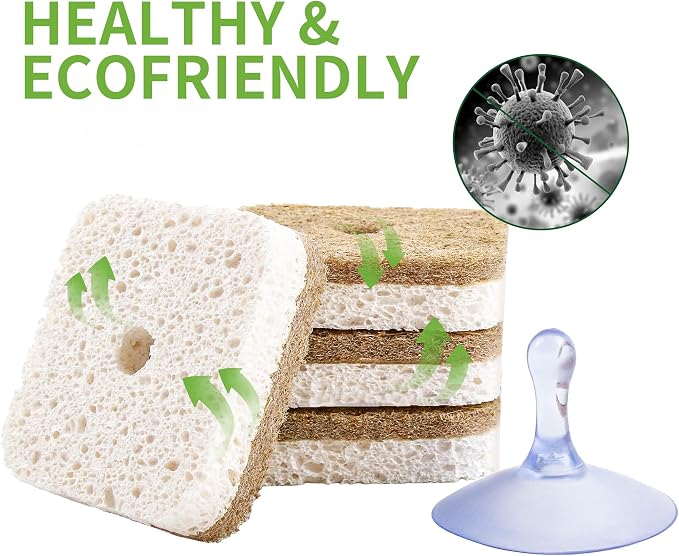 12Pack Kickleen Natural Kitchen Scrub Dish Sponge with Suction Hanger Biodegradable Compostable Cellulose and Coconut Non-Scratch Sponge for Kitchen, Bathroom, Household (White-12)