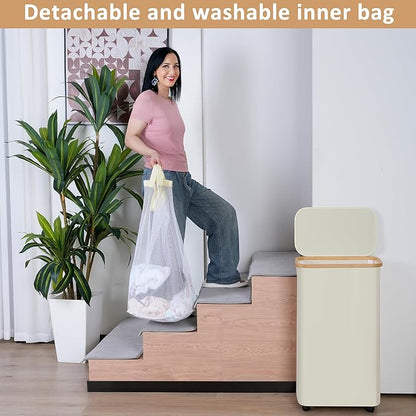iEGrow Laundry Hamper with Lid, 75L Hamper with Wheels & Removable Bag, Slim Laundry Basket on Wheels with Bamboo Frame, Collapsible Rolling Clothes Hamper for Bedroom Dorm, Beige