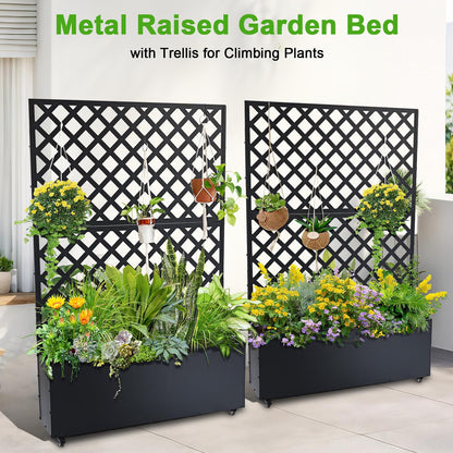Metal Raised Garden Bed with Trellis & Wheels, 72.83"x46.46"x11.81" Galvanized Metal Planter Box with Drainage Holes & Privacy Screen for Patio Balcony Climbing Plants Flowers Vegetable, Black