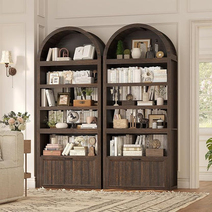 81" Tall Arched Cabinets,Bookcase with Drawer storage,Mid-Century Modern 5-Tier Bookshelf,2 Book Risers and Adjustable Shelves offering more storage space for Living Room,Kitchen,Home Office,Walnut
