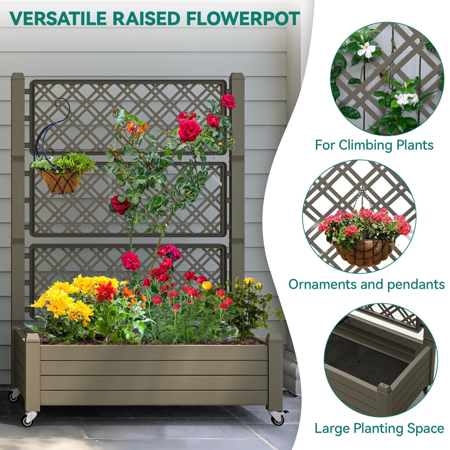 YITAHOME 43.3x17.7x61 in Planter Boxes Outdoor with Trellis, Resin Raised Garden Bed with Wheels & Drain Plug for Climbing Plants, Weather-Resistant Design Elevated Garden Bed with Trellis, Brown
