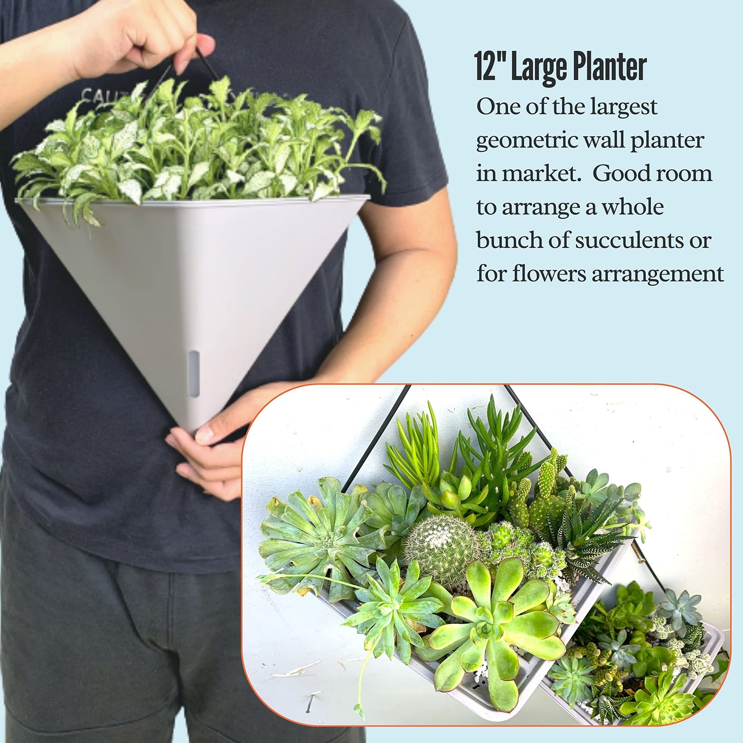 LaLaGreen Bundle - 12" x 6 Pack White + 12" x 2 Pack Gray Large Self Watering Geometric Hanging Flower Vase Vessel with Metal Hanger, Modern Stylish Wall Mounted Succulent Pot Holder Decor