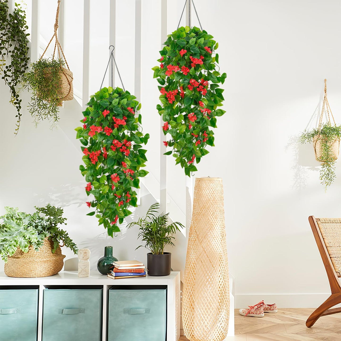 BLEUM CADE Artificial Hanging Flowers for Outdoors, 2pcs Fake Hanging Plants Pothos Vines with Red Flowers for Wall Home Living Room Indoor Outdoor Decor (No Baskets)