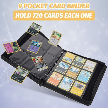GERMUN 3 Ring 9 Pocket Zipper Card Binder, 720 Double Sided Standard PU Trading Card Album Folder for TCG & Sports Cards, Not Fit Top Loaders (Diamond Black)
