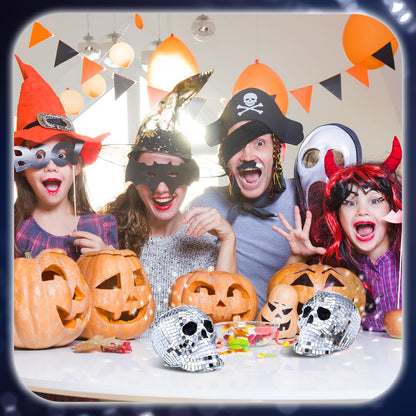 WinnerWhy 2 Pcs 3D Disco Halloween Decor Disco Halloween Skull Skeleton Head Status Mirror Ball Skull Tiered Tray Decor Home Table Centerpiece for Graveyard Indoor Outdoor Holiday