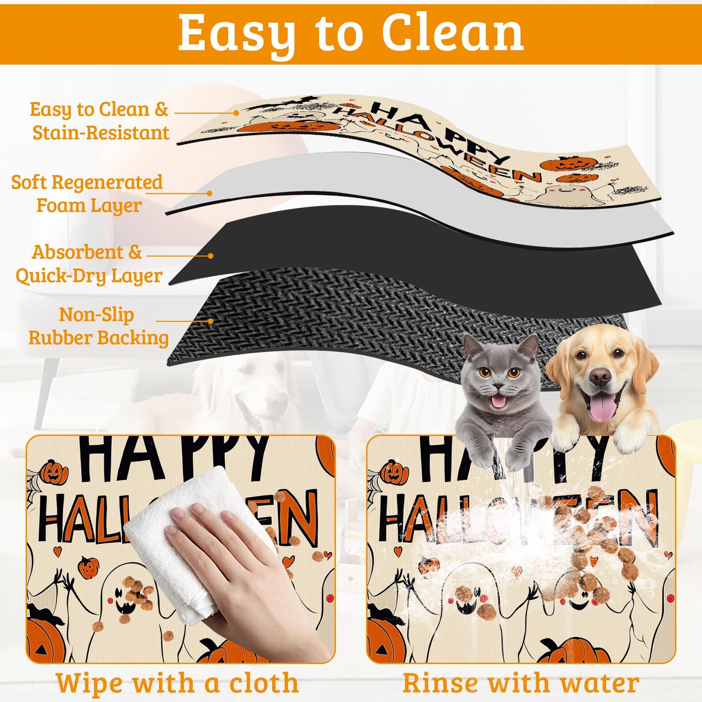 Pumpking Bat Dog Cat Food Mat,Halloween Absorbent Waterproof Placemat for Food and Water Non Slip Rubber Backing Durable Feeding Pad for Clean Floors 12" x 20"