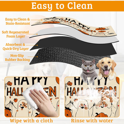 Pumpking Bat Dog Cat Food Mat,Halloween Absorbent Waterproof Placemat for Food and Water Non Slip Rubber Backing Durable Feeding Pad for Clean Floors 12" x 20"
