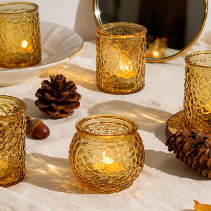 24-Piece Amber Glass Votive Candle Holders Set – Tealight Candle Holder Glass Bulk with 12 Round & 12 Hammered Textured Cups, Amber Votive Candle Holders for Weddings, Parties, Home